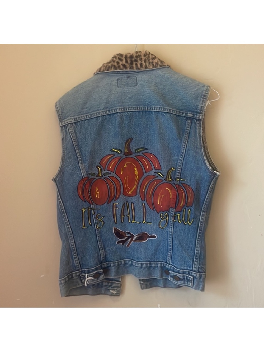 “It’s Fall Y’all” Hand-Painted Levi's Blue Denim Jacket with Faux Fur